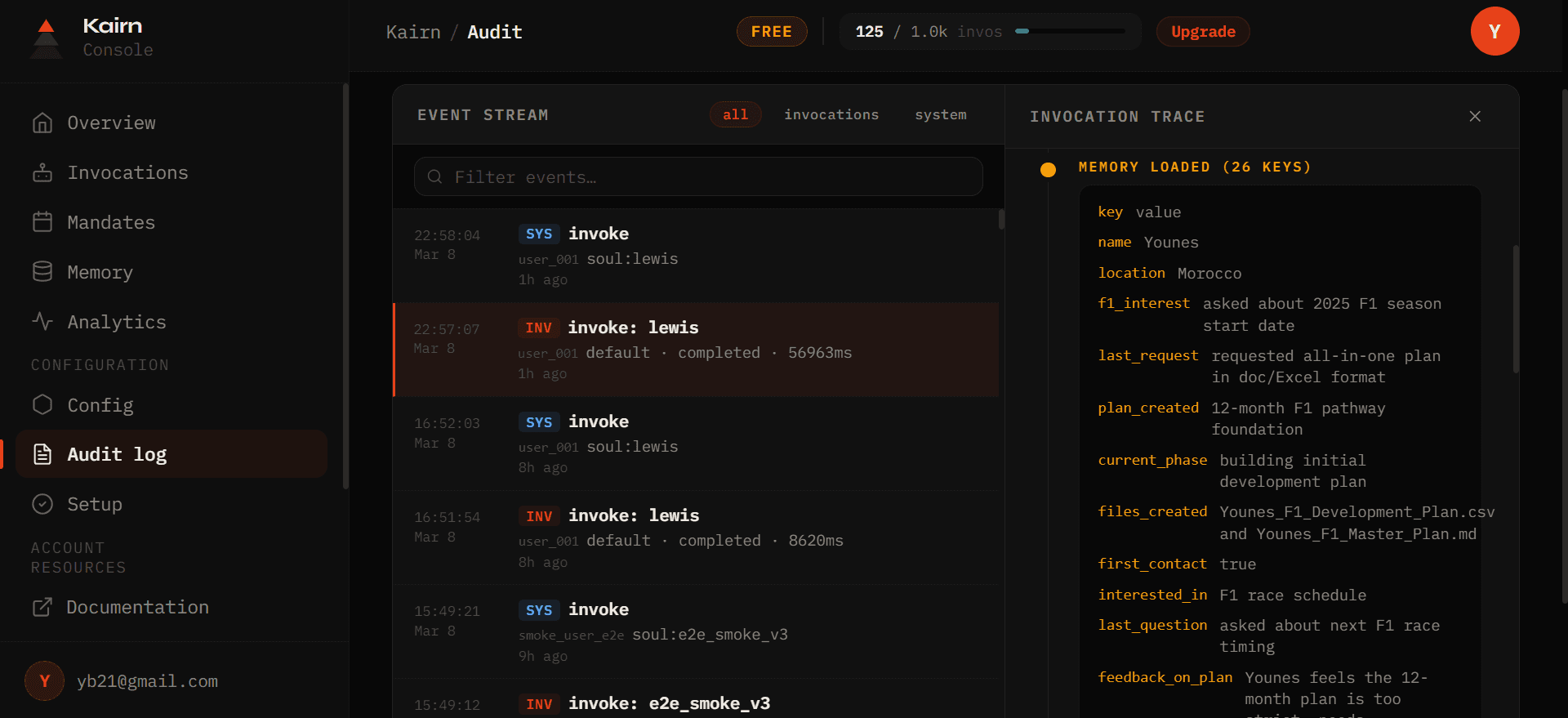 Kairn audit log showing invocation trace with 26 memory keys loaded